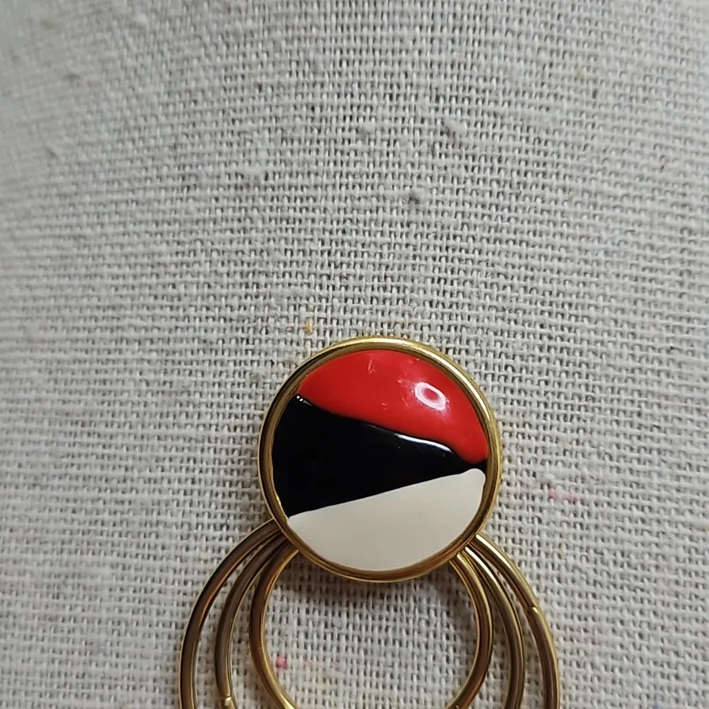 Vintage Enamel Circular Dangle Earrings Gold Tone Red Black Cream